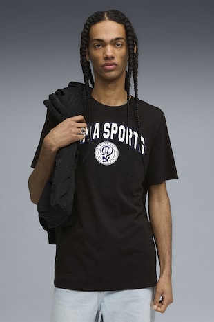Puma Tricou cu decolteu la baza gatului si imprimeu text, Negru