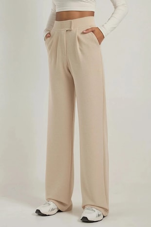 HiCCUP Дамски панталон, Palazzo, висока талия, текстил, бежов, Beige Natural