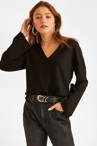 OXXO Bluza cu maneci lungi si decolteu in V, Negru