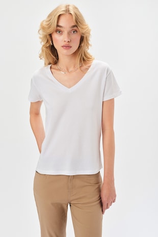 Top Secret Tricou de bumbac cu decolteu in V, Alb optic