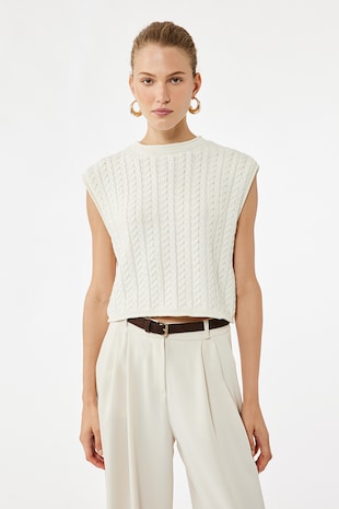 KOTON Pulover crop cu maneci scurte, Alb murdar