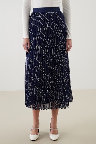 Pliszírozott sifon midiszoknya, Fehér, Tengerészkék,