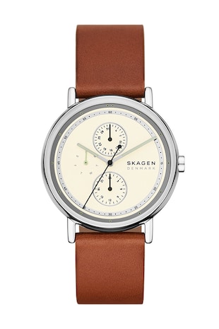 Skagen Ceas quartz cu o curea din piele, Argintiu/Maro