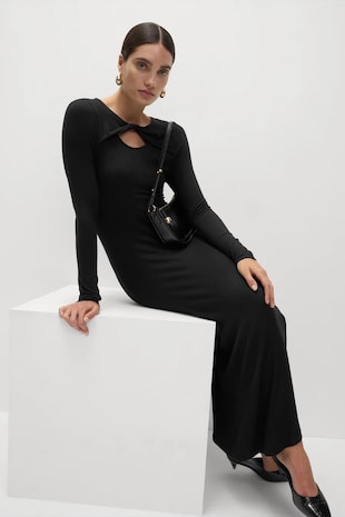 Marks & Spencer Rochie midi striata cu maneci lungi si decolteu rasucit, Negru