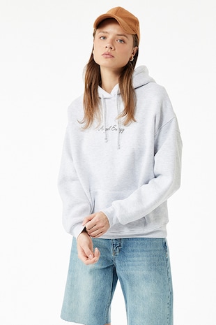 KOTON Hanorac regular fit cu model text, Gri deschis melange/Argintiu