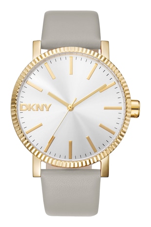 DKNY Ceas analog cu o curea din piele, Auriu/Gri cenusa