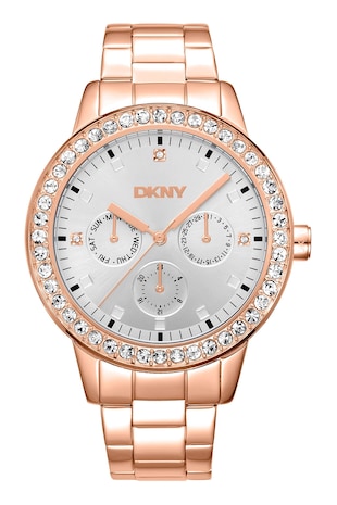 DKNY Ceas cu functii multiple si bratara din otel inoxidabil, Auriu rose
