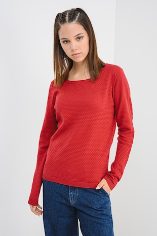 Vero Moda Pulover de bumbac cu decolteu rotund, Rosu inchis