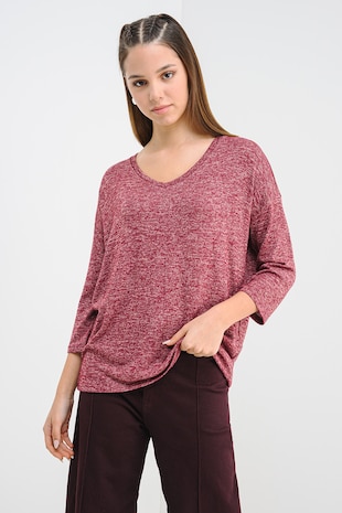 Vero Moda Pulover cu decolteu in V si maneci 3/4, Alb fildes/Roz zmeuriu