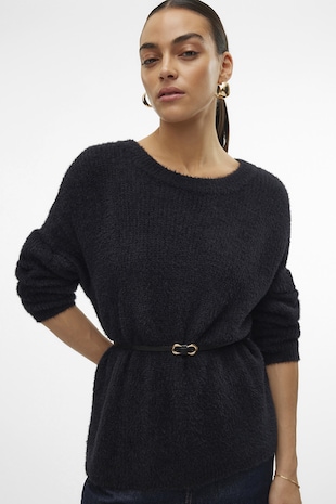Vero Moda Pulover lejer si pufos cu decolteu barcuta, Negru