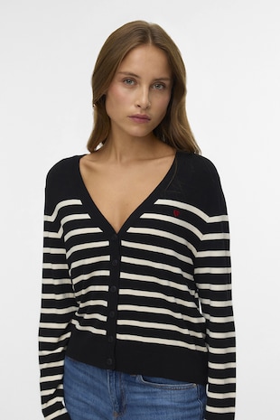 Vero Moda Cardigan cu decolteu in V si model in dungi, Alb/Negru