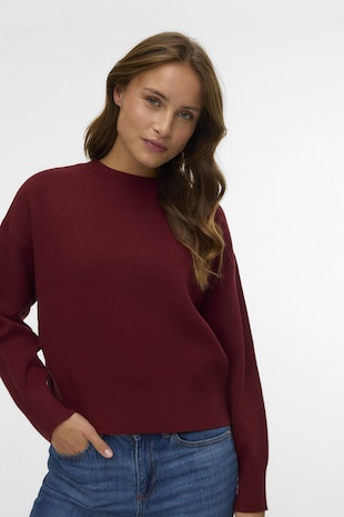 Vero Moda Pulover cu decolteu la baza gatului si model uni, Rosu