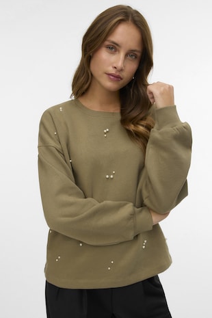 Vero Moda Bluza de trening cu perle sintetice, Verde sparanghel