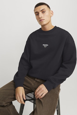 Jack & Jones Bluza de trening cu decolteu la baza gatului si imprimeu pe partea din spate, Negru