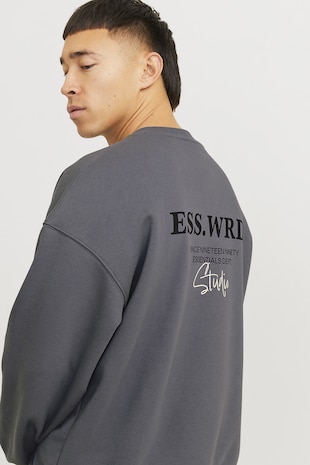 Jack & Jones Bluza de trening cu decolteu la baza gatului si imprimeu pe partea din spate, Gri
