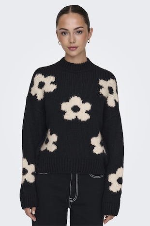 JdY Pulover cu maneci cazute si model floral, Alb fildes/Negru