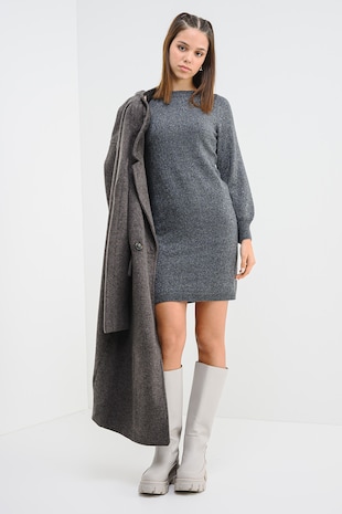 JdY Rochie mini cu decolteu la baza gatului si maneci lungi, Gri/Argintiu