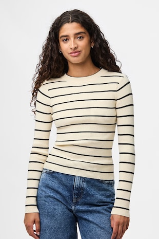 Pieces Pulover slim fit cu decolteu la baza gatului, Negru/Bej deschis