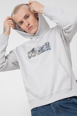 Jack & Jones Hanorac cu buzunar kangaroo si imprimeu, Alb/Albastru deschis