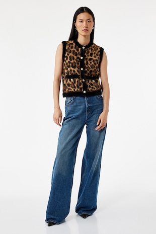 KOTON Vesta tricotata cu animal print, Negru/Maro