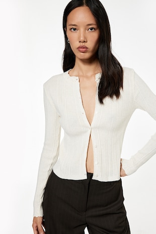 KOTON Cardigan slim fit striat, Alb fildes