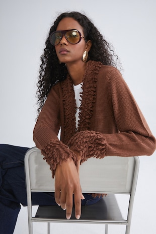 LC WAIKIKI Cardigan uni cu detalii pufoase, fara inchidere, Maro cognac