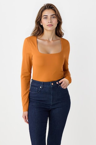 JIMMY KEY Bluza slim fit cu decolteu patrat, Caramel