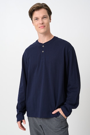United Colors of Benetton Bluza cu maneci lungi si decolteu henley, Albastru ultramarin