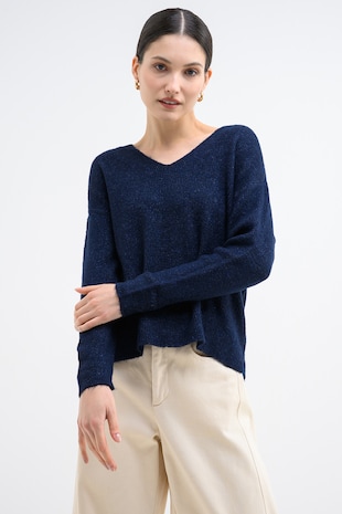 Vero Moda Pulover cu decolteu in V si insertii stralucitoare, Bleumarin