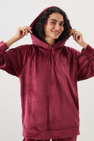 LC WAIKIKI Hanorac de casa din catifea cu maneci raglan, Rosu inchis