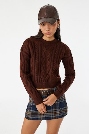 KOTON Pulover crop cu decolteu la baza gatului, Maro cognac