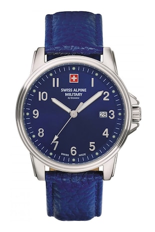 Swiss Alpine Military Ceas quartz cu o curea de piele, Argintiu/Albastru royal