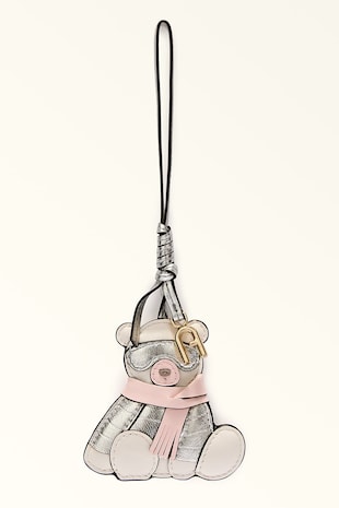 Furla Talisman din piele in forma de urs, Roz pal/Argintiu