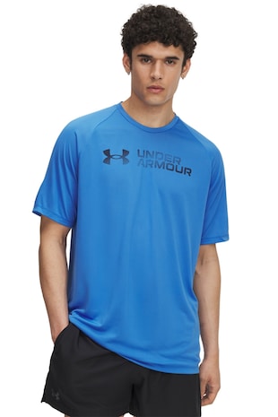Under Armour Tricou cu decolteu rotund si imprimeu pentru antrenament, Albastru royal
