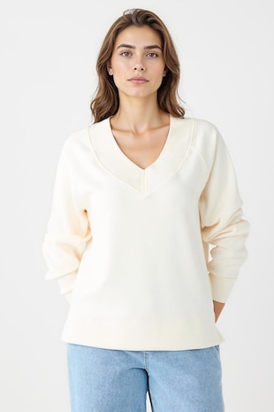 JIMMY KEY Bluza de trening din amestec de modal cu croiala lejera si decolteu in V, Crem