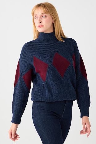 JIMMY KEY Pulover cu model geometric, Rosu/Bleumarin