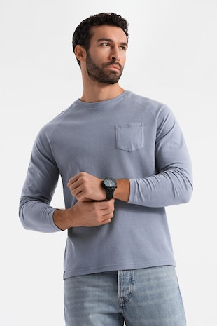 OMBRE Bluza texturata cu buzunar pe piept, Albastru prafuit