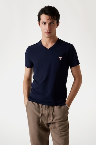 GUESS Tricou slim fit cu decolteu in V, Bleumarin