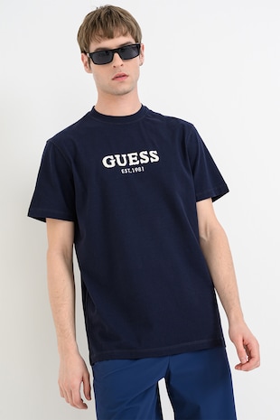 GUESS Tricou cu logo brodat si decolteu la baza gatului, Albastru ultramarin