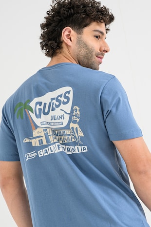 GUESS JEANS Tricou din bumbac cu imprimeu logo pe partea din spate, Albastru prafuit