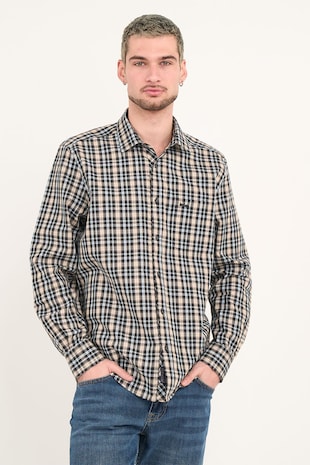 Lee Cooper Camasa de bumbac in carouri cu logo discret, brodat, Maro/Albastru
