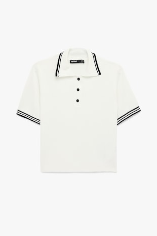 KOTON Pulover crop polo cu terminatii contrastante, Alb murdar