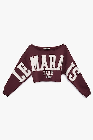 KOTON Bluza crop de trening cu imprimeu text, Rosu inchis