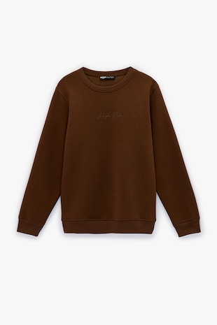 KOTON Bluza regular fit de trening cu decolteu la baza gatului, Maro inchis
