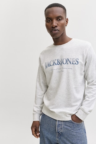 Jack & Jones Bluza de trening cu imprimeu logo, mansete si terminatii elastice, Gri deschis melange