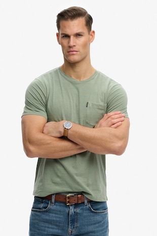 Superdry & Co Tricou cu decolteu la baza gatului si buzunar pe piept, Verde sparanghel