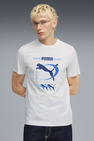 Puma Tricou cu decolteu la baza gatului si imprimeu logo Execution, Alb/Albastru