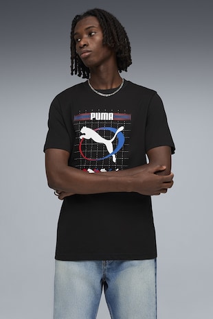 Puma Tricou cu decolteu la baza gatului si imprimeu logo Execution, Negru/Albastru royal/Alb optic/Rosu vermillion