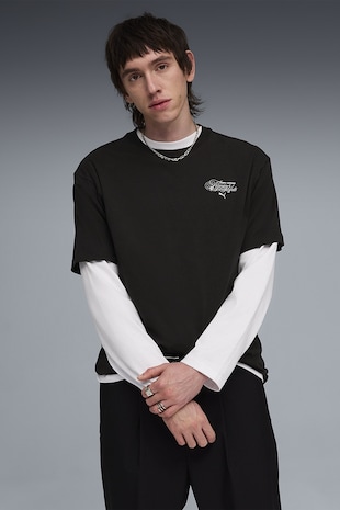 Puma Tricou relaxed fit cu text Slogan, Negru/Alb optic