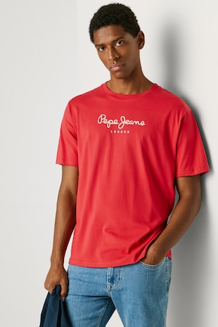 Pepe Jeans London Tricou din bumbac cu imprimeu logo Eggo, Alb/Rosu corai